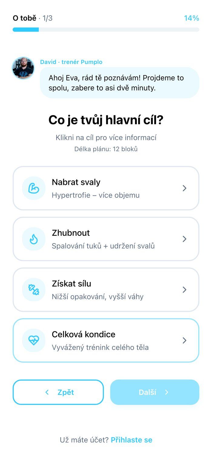 Dotazník v aplikaci: volba hlavního cíle
