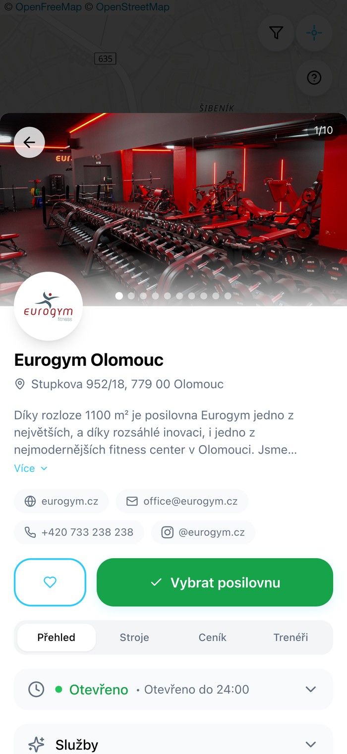 Profil posilovny v aplikaci Pumplo