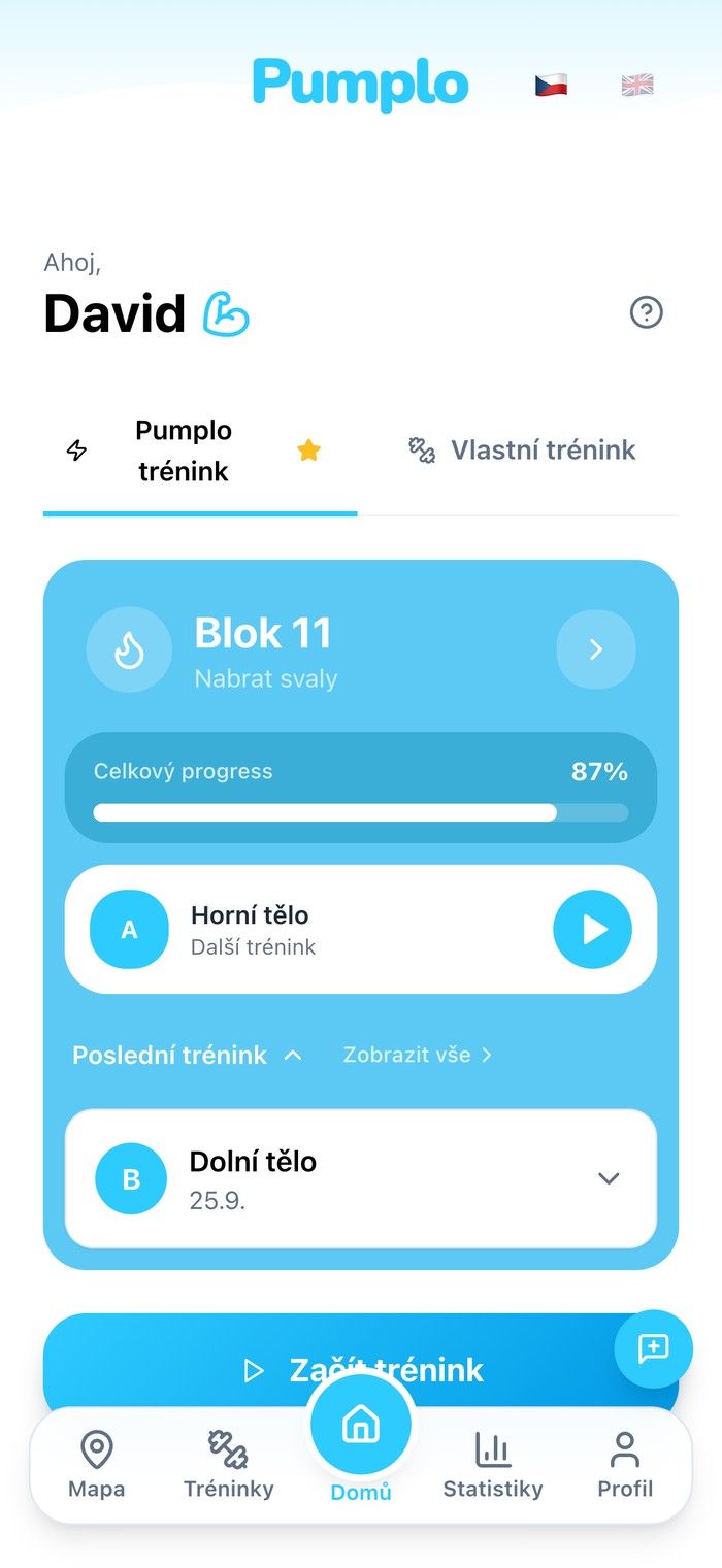 Aplikace Pumplo: domovská obrazovka s dalším tréninkem