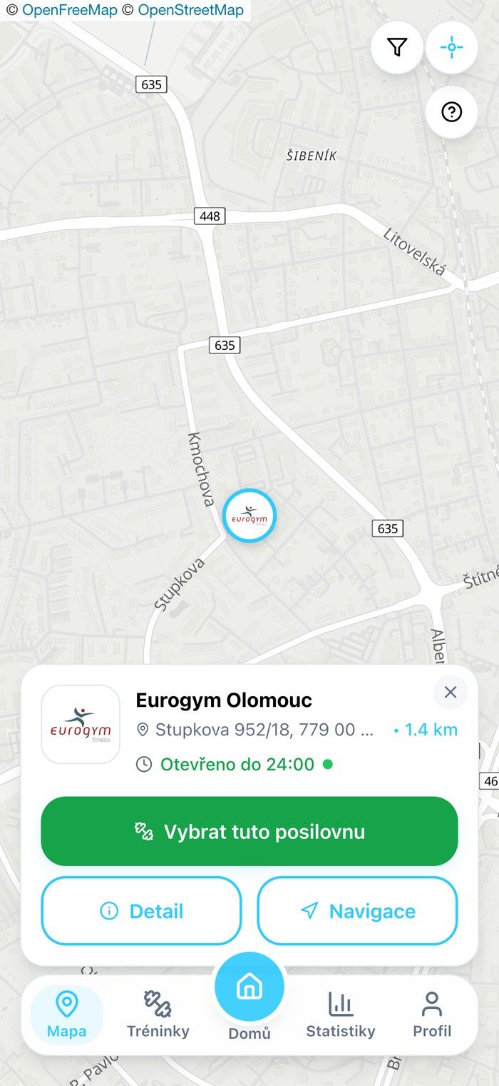 Mapa posiloven v Olomouci v aplikaci Pumplo