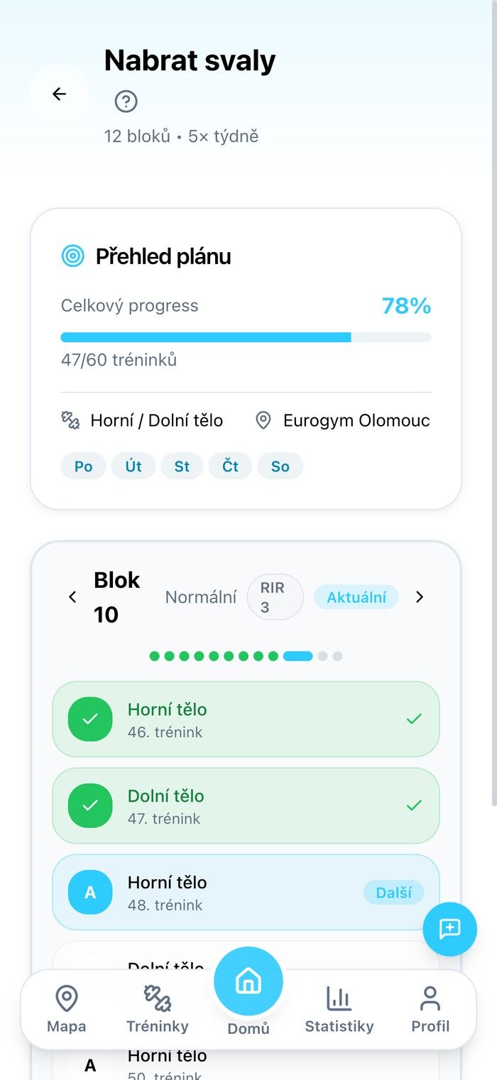 Tréninkový plán člena v aplikaci Pumplo