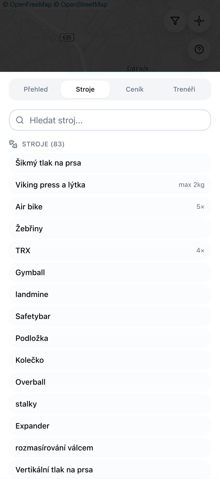 Stroje Eurogymu Olomouc v aplikaci Pumplo